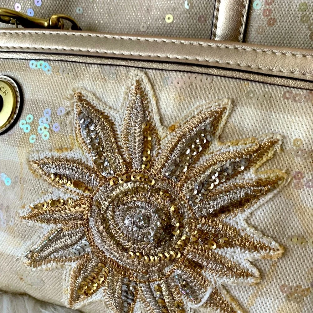Coach Gold & Cream Floral Sequin Tote with Wristlet